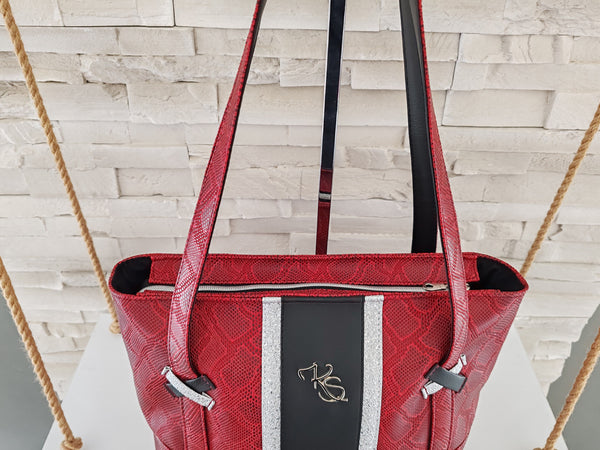 Sac à main " Popine " rouge serpent noir argent