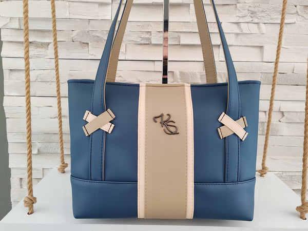 Sac à main " Popine " à l'épaule bleu pétrole et beige