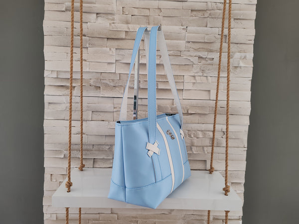 Sac à main " Popine " bleu ciel et blanc