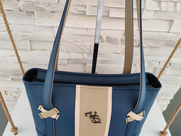 Sac à main " Popine " à l'épaule bleu pétrole et beige