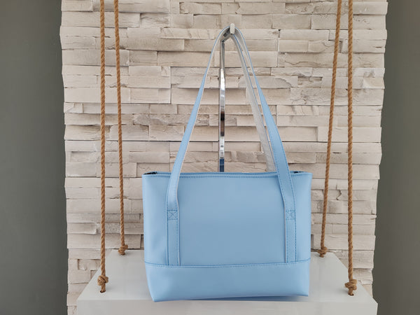 Sac à main " Popine " bleu ciel et blanc