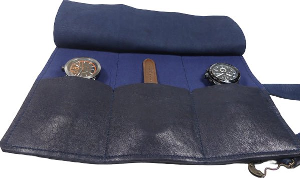 Marmotte en cuir basane bleu pour 3 montres - Mon-petit-sac.fr