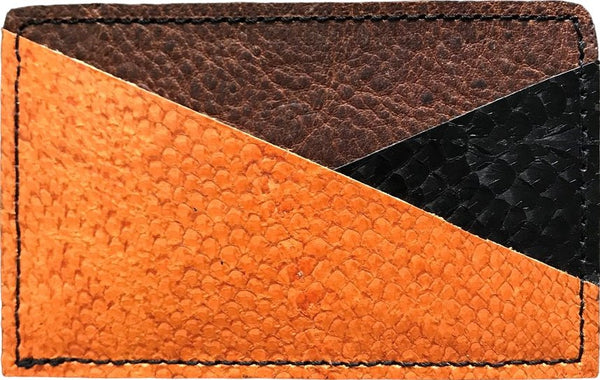 Porte-cartes minimaliste en cuir marin orange/noir et liège imprimé poisson - Mon-petit-sac.fr